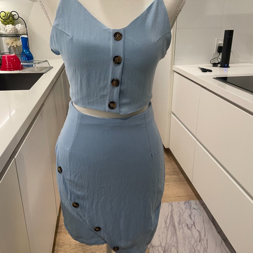 Love & Other Things Blue Two-Piece Set – Button Front Crop Top & Skirt | Size S